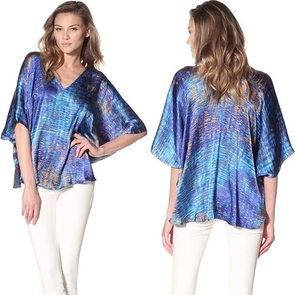 Josie Natori Yari Silk Patterned V Neck Butterfly Sleeve Top Blouse Caftan - Picture 5 of 8